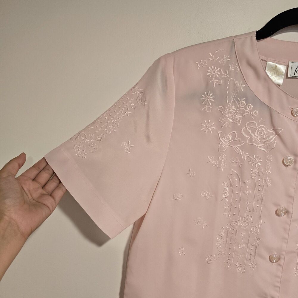 True Vintage 80s Blouse Womens 8 Embroidered Button Up Secretary Short Sleeve - Picture 4 of 9